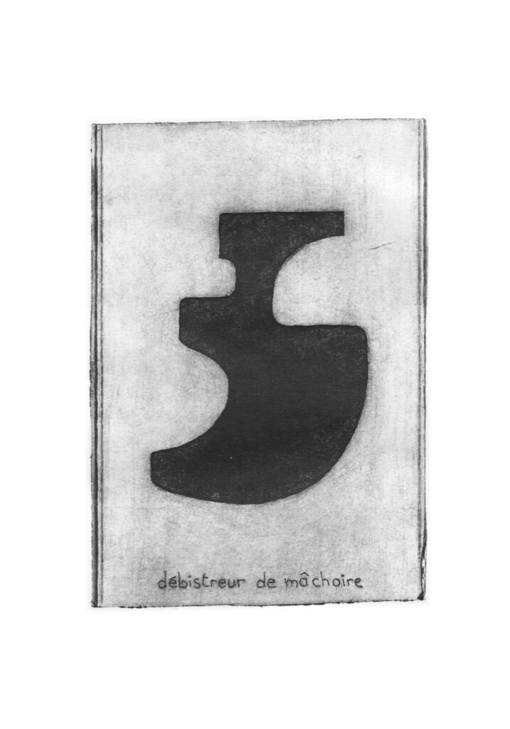 Gravure pointe sèche de Clara Audureau intitulée Débistreur de mâchoire - série Les Outils de l'imaginaire, 2021.
