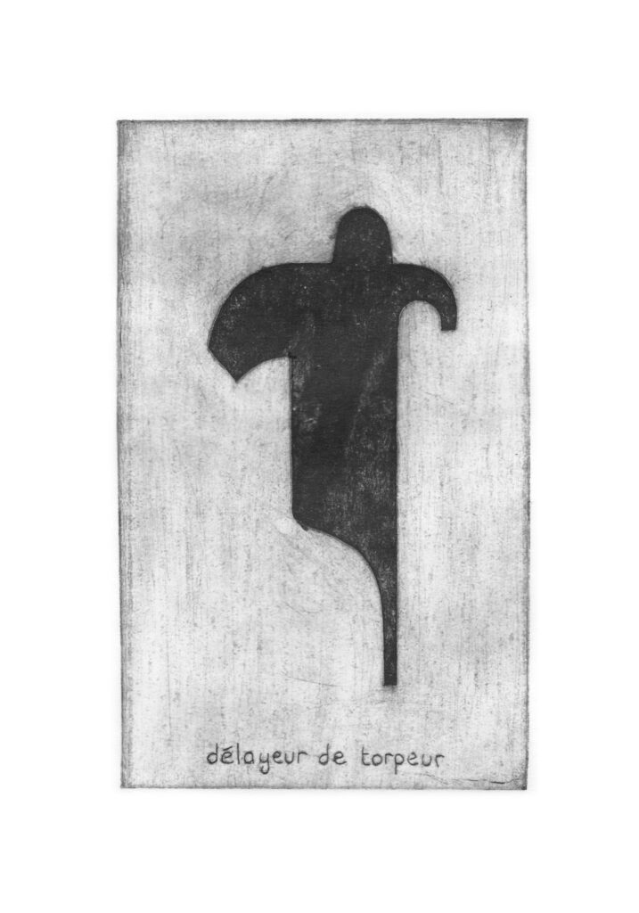 Gravure pointe sèche de Clara Audureau intitulée Délayeur de torpeur - série Les Outils de l'imaginaire, 2021.