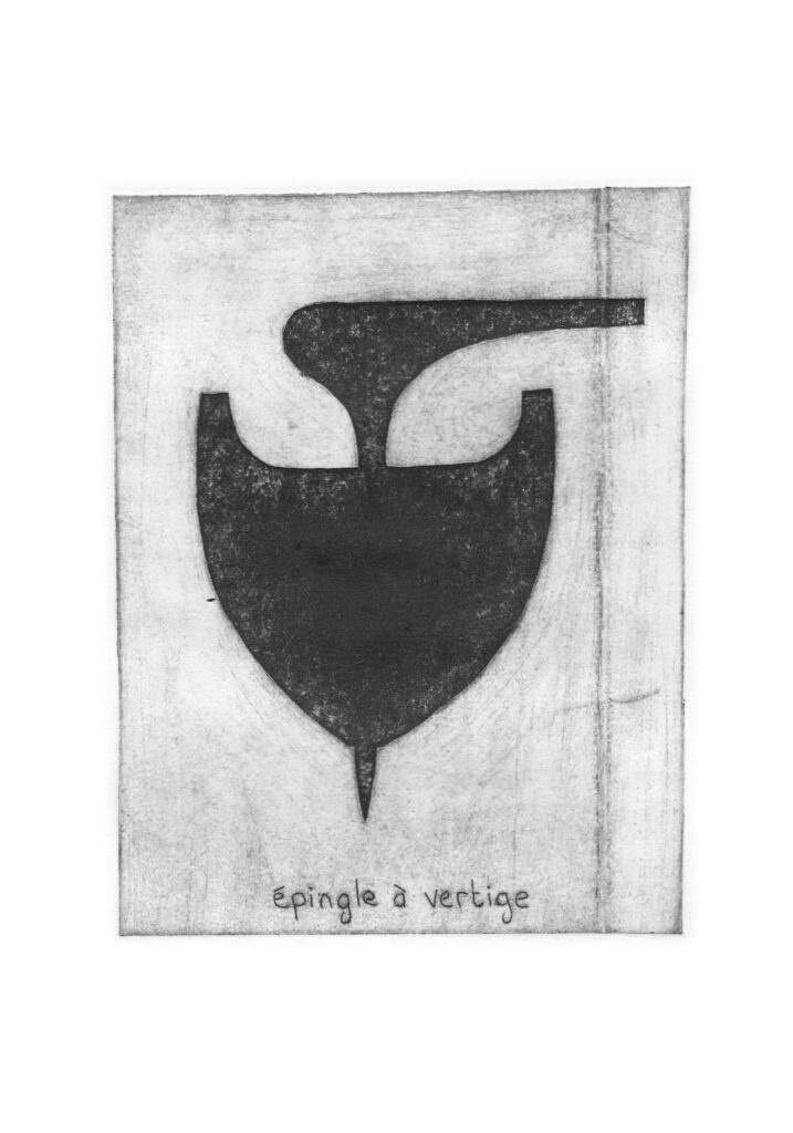 Gravure pointe sèche de Clara Audureau intitulée Épingle à vertige - série Les Outils de l'imaginaire, 2021.