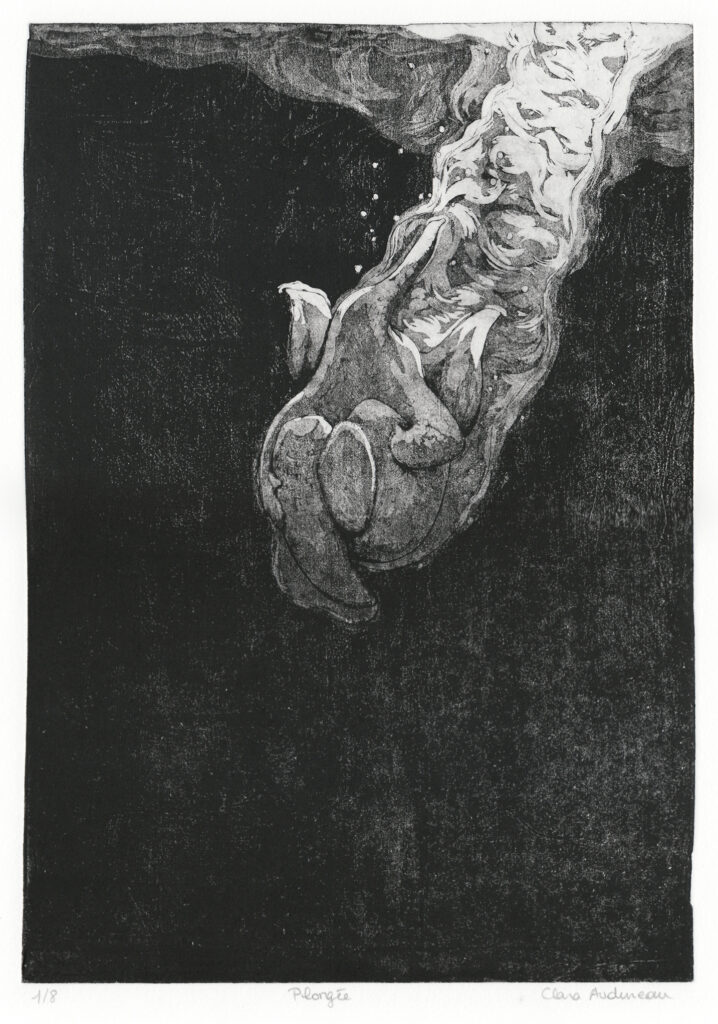Gravure à l'eau forte de Clara Audureau intitulée Plongée, 2023.
