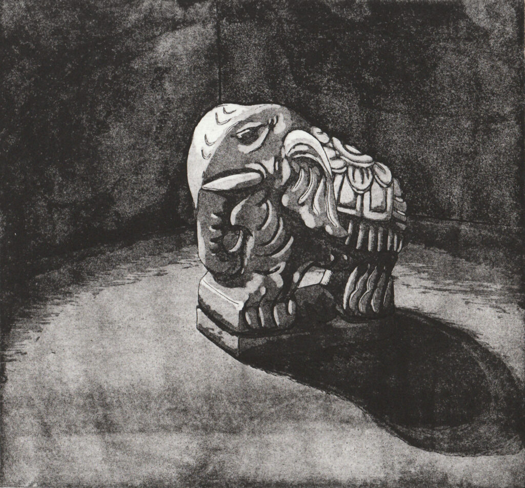 Gravure à l'eau forte de Clara Audureau intitulée Statuette, 2023.