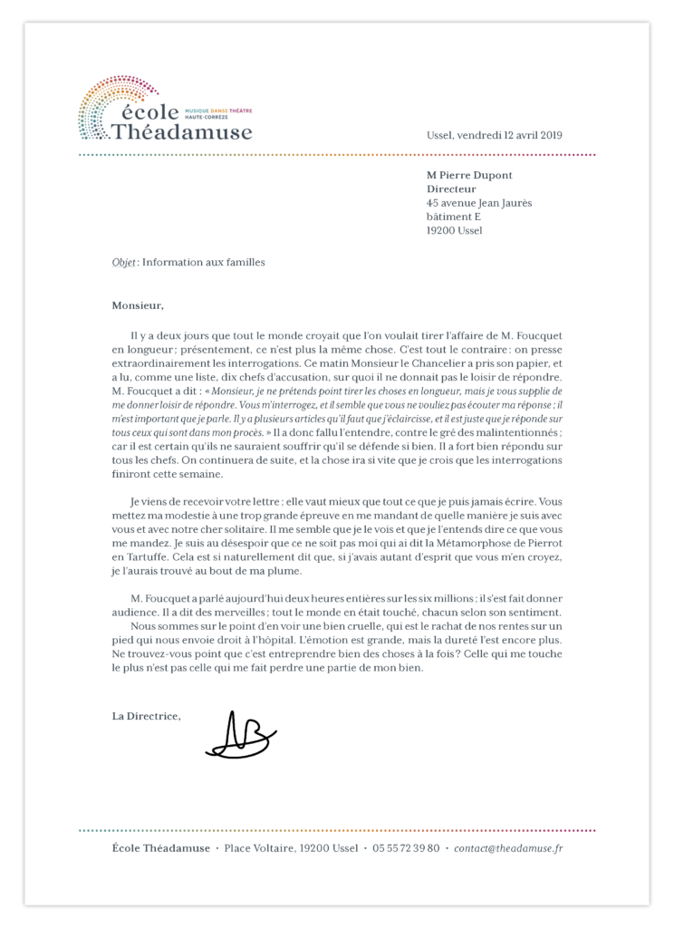 Charte du papier à entête pour l'École Théadamuse