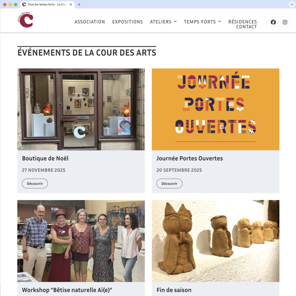Site Internet de La Cour des arts, vue de la page événements
