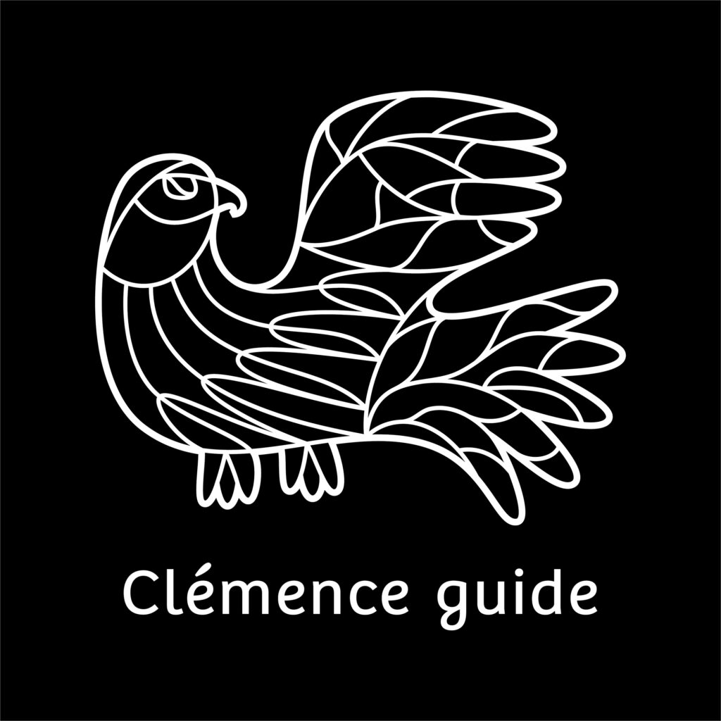 Variante du logo de Clémence guide en blanc sur fond noir